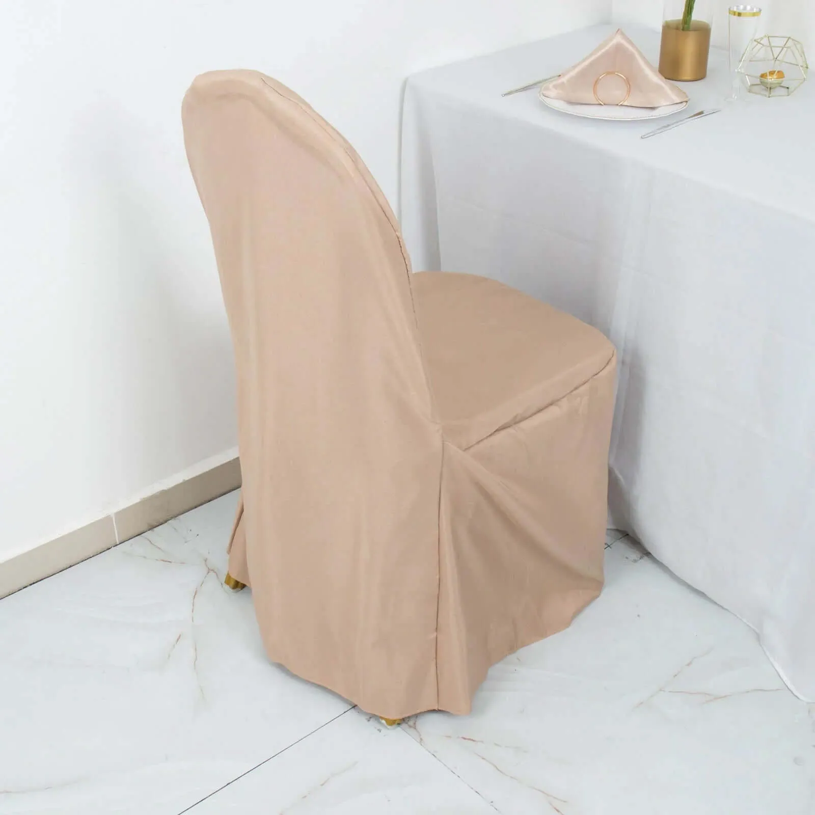 10 Pack Nude Polyester Banquet Chair Covers, Reusable Stain Resistant Slip On Chair Covers