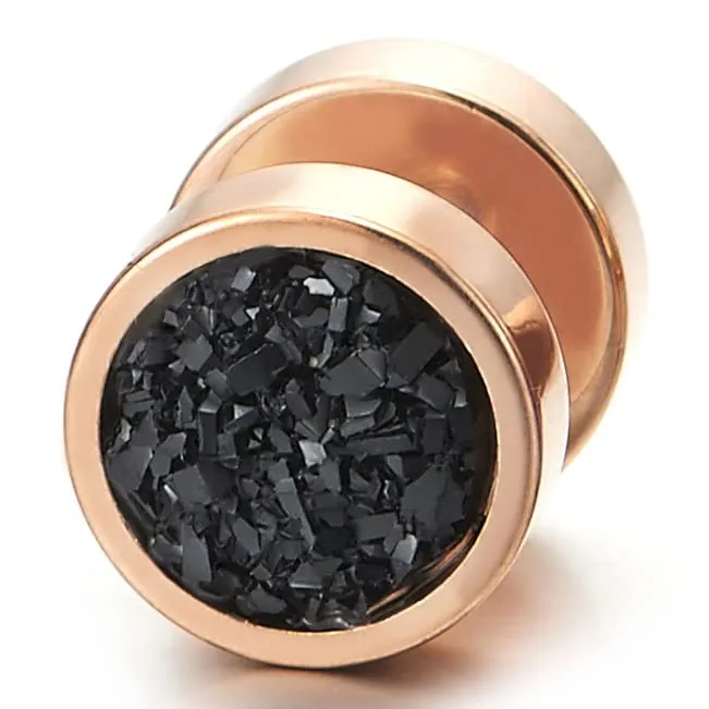 10mm Mens Women Rose Gold Circle Stud Earrings Black Glitter, Steel Cheater Fake Ear Gauges Tunnel