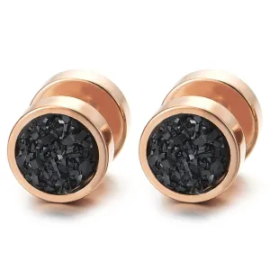 10mm Mens Women Rose Gold Circle Stud Earrings Black Glitter, Steel Cheater Fake Ear Gauges Tunnel