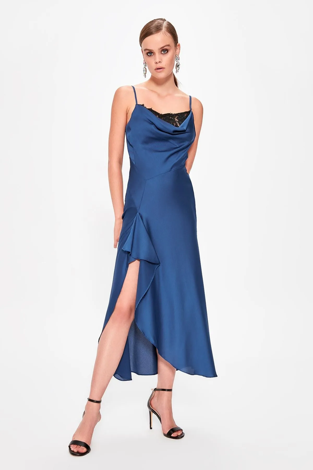 13369 Blue Lace Detail Satin Slit Dress