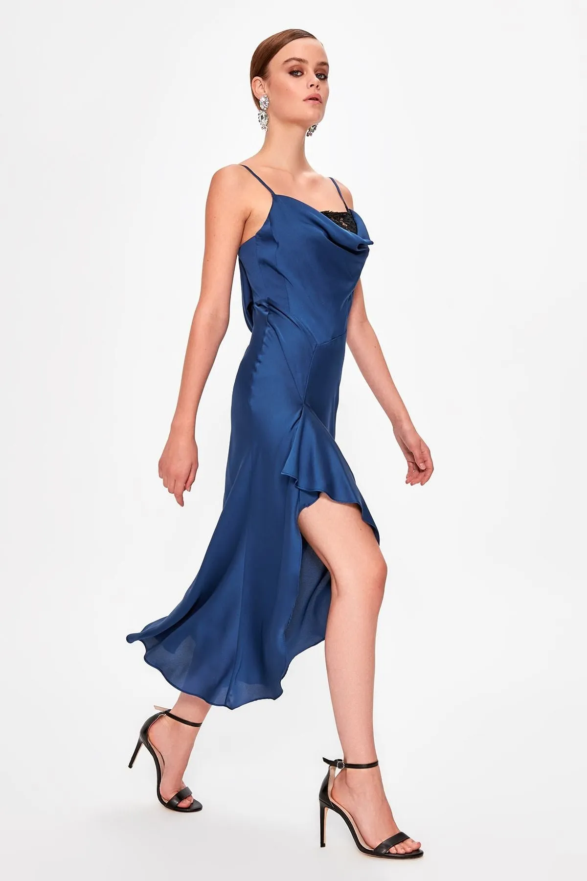 13369 Blue Lace Detail Satin Slit Dress