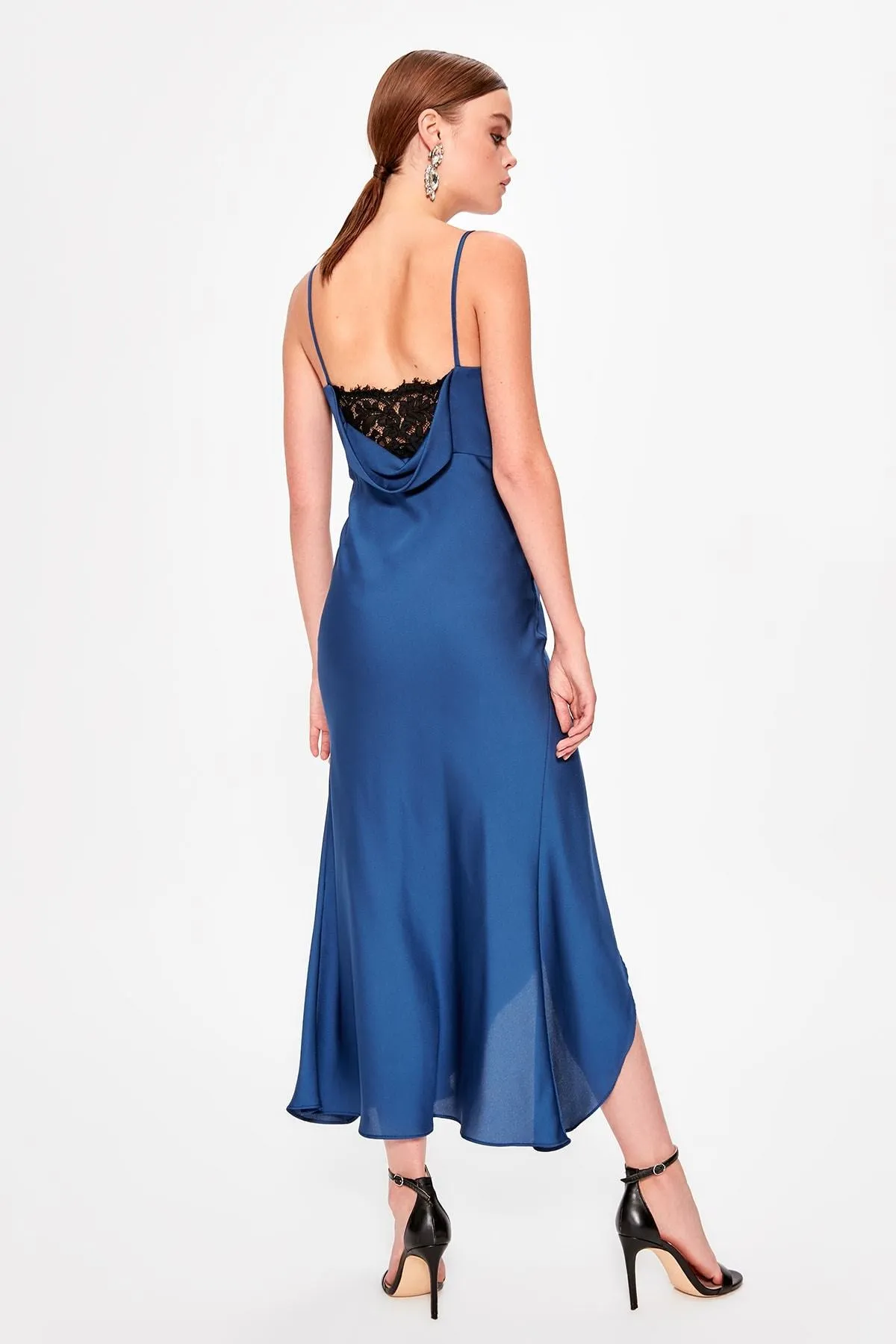 13369 Blue Lace Detail Satin Slit Dress