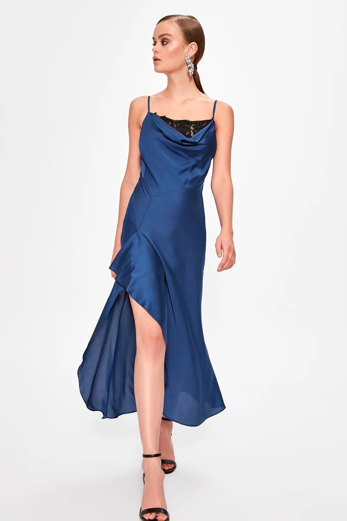 13369 Blue Lace Detail Satin Slit Dress