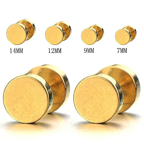 2pcs Gold Screw Stud Earrings Men, Stainless Steel Cheater Fake Ear Plugs Gauges Illusion Tunnel