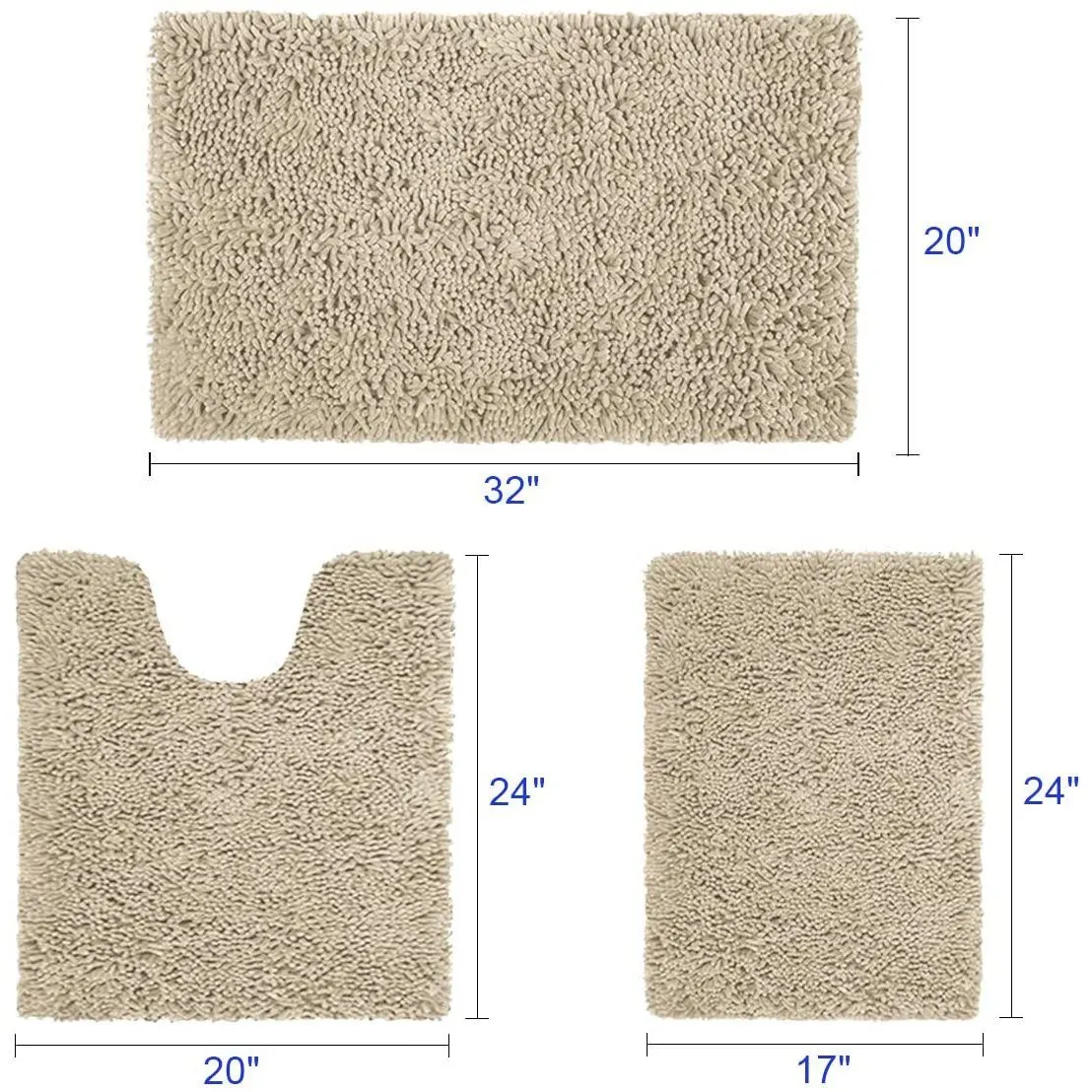 3-Piece Set: Bathroom Rugs Set Ultra Soft Non Slip and Absorbent Chenille