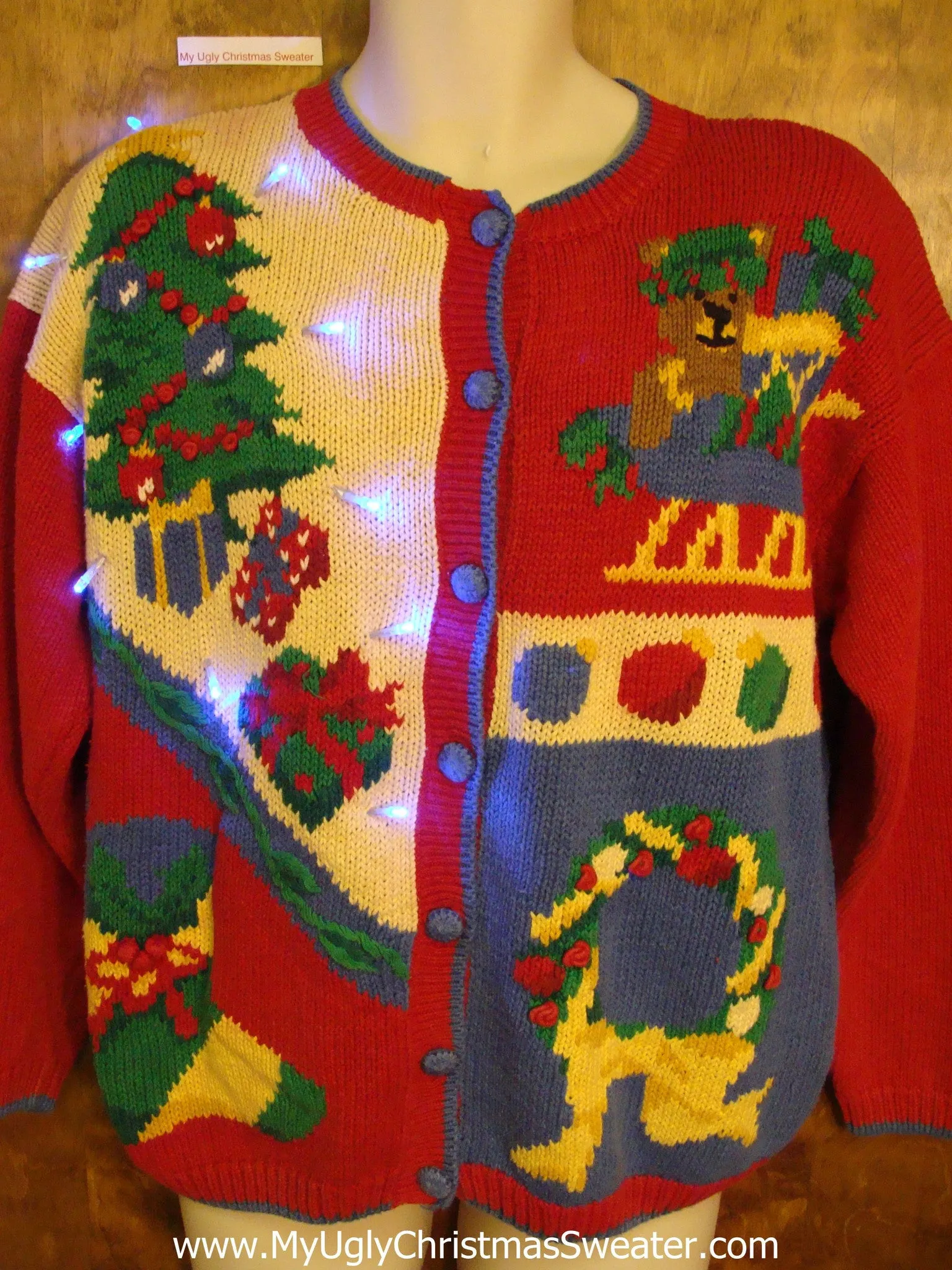 80s Colorful Ugly Christmas Sweater Cardigan with Lights