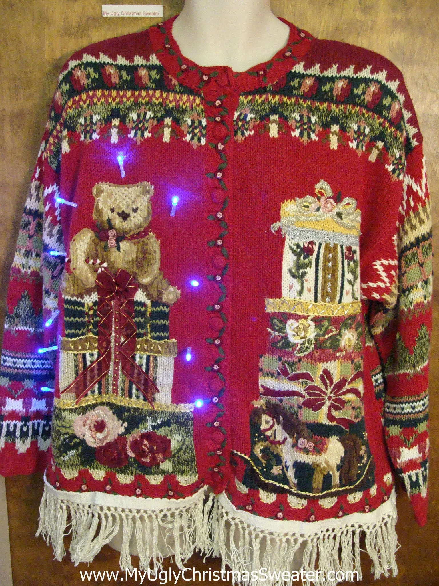 80s Ugly Christmas Sweater with Lights and Fringe