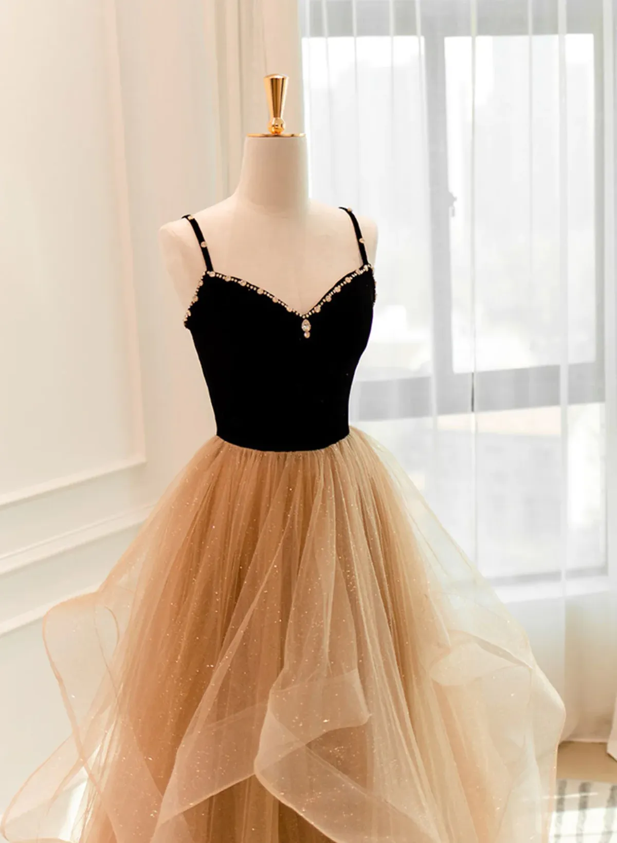 A-line Champagne Tulle Sweetheart Beaded Long Prom Dress, Tulle Layers Party Dress