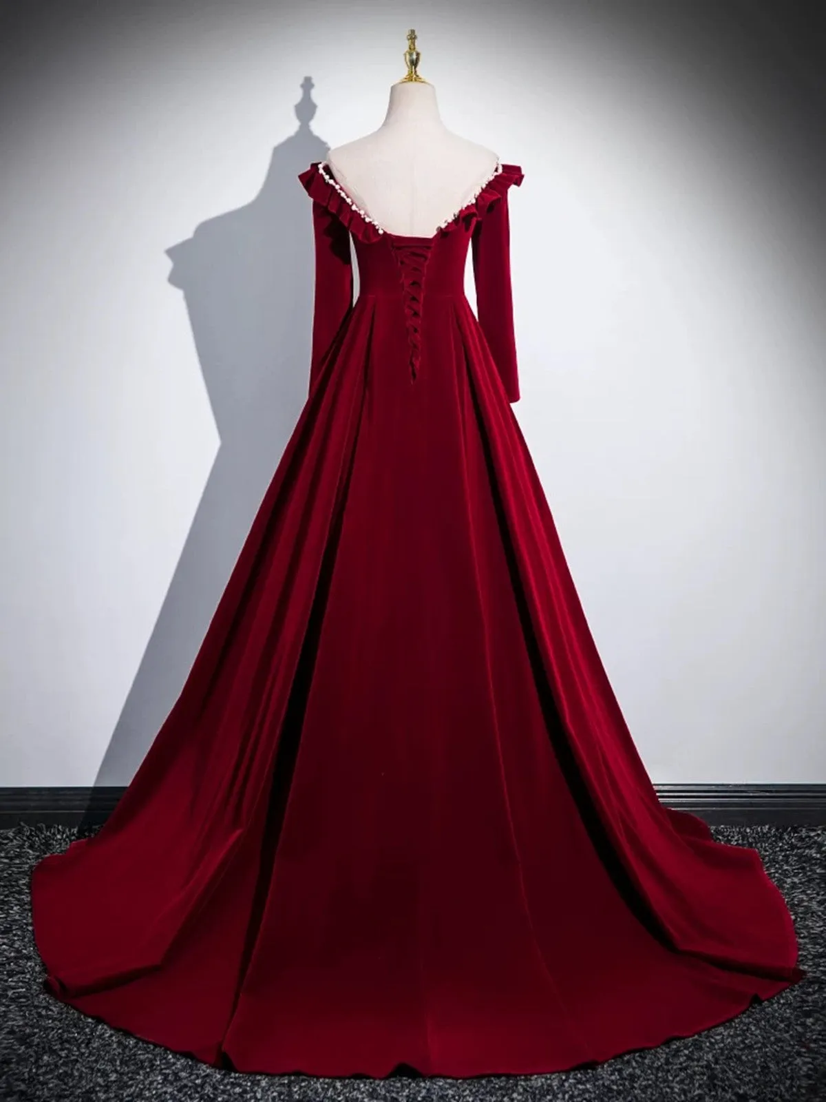 A-line Wine Red Velvet Long Sleeves Low Back Prom Dress, Wine Red Party Dress