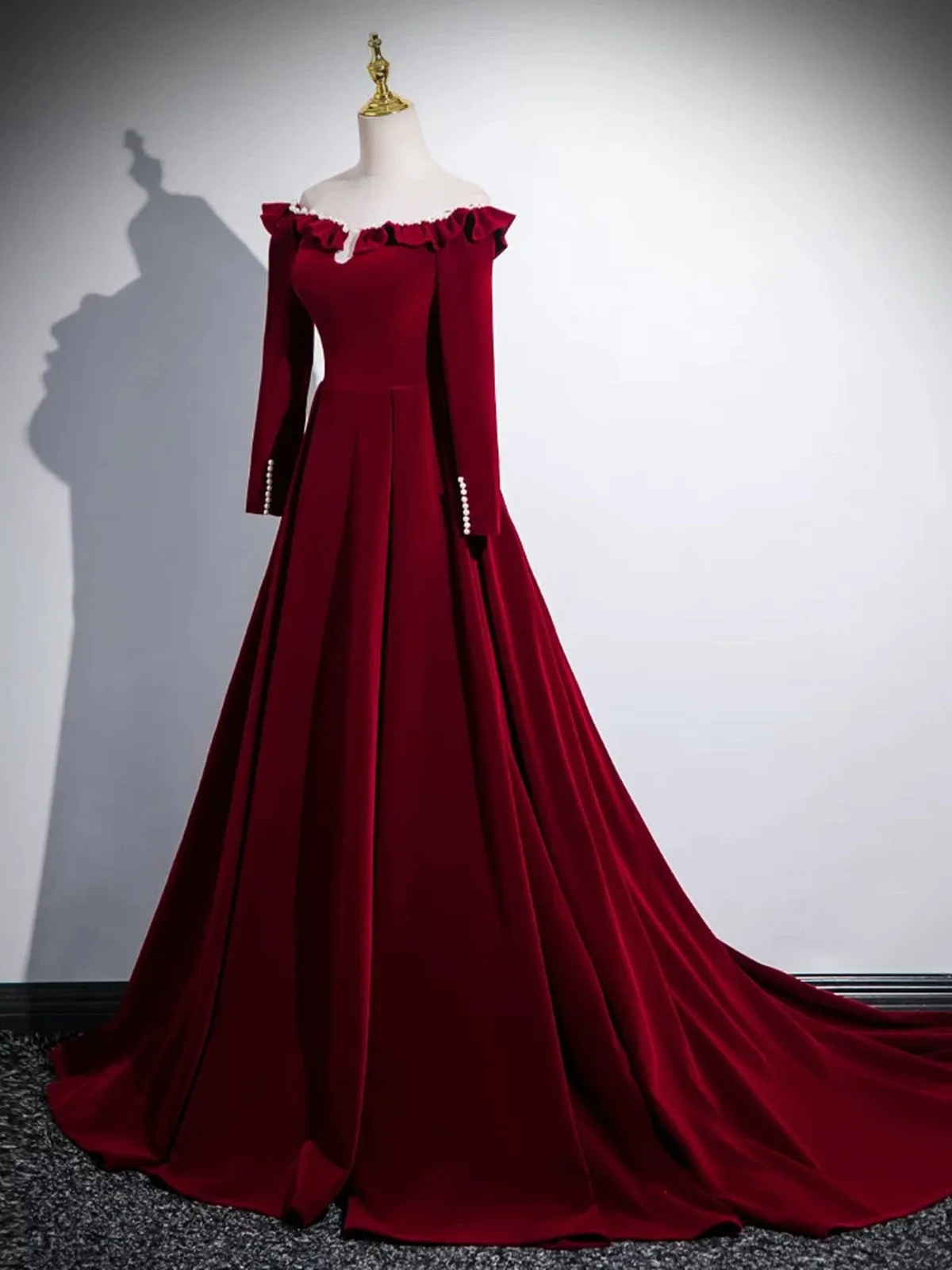 A-line Wine Red Velvet Long Sleeves Low Back Prom Dress, Wine Red Party Dress