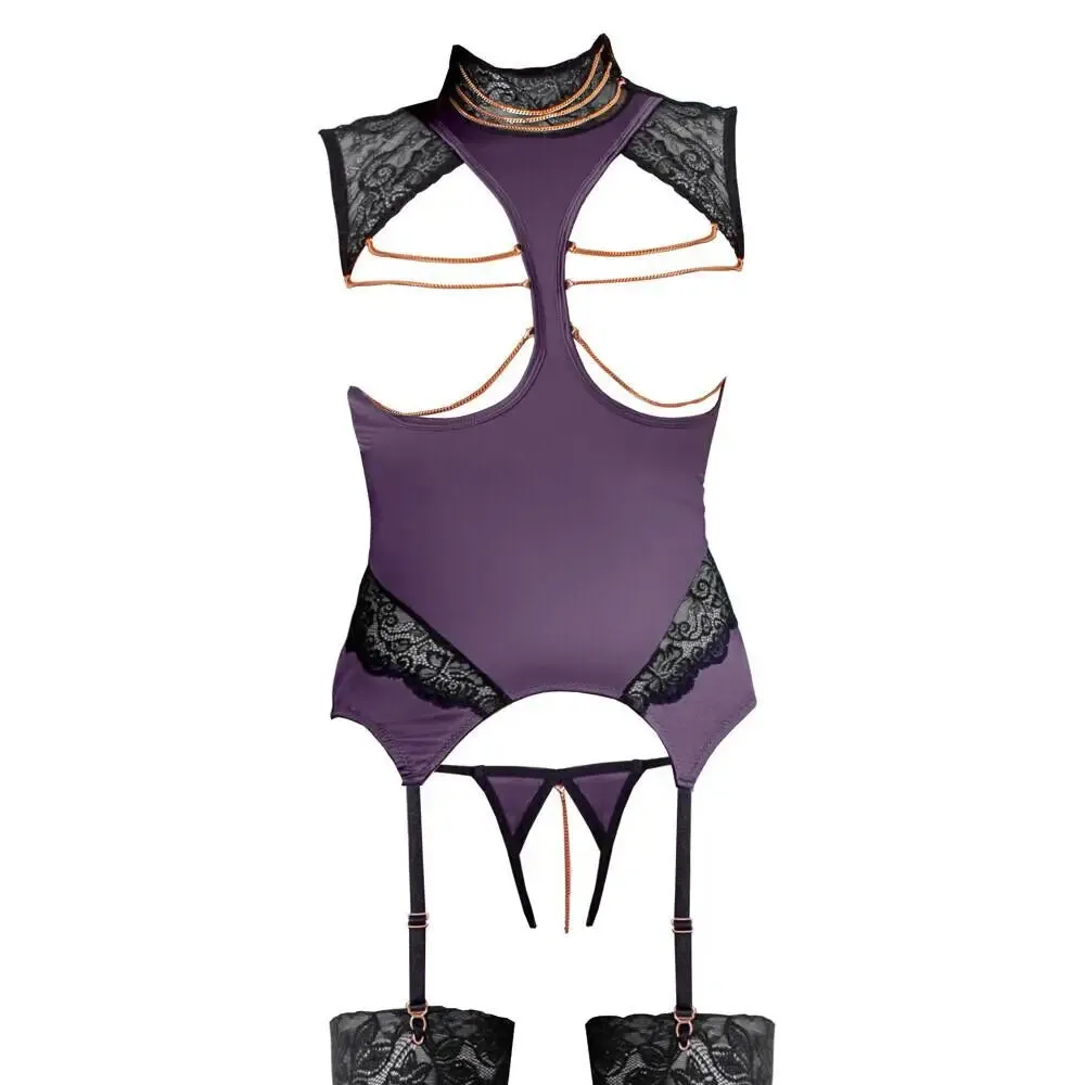 Abierta Fina Stretchy Purple Basque and Crotchless Set Chains