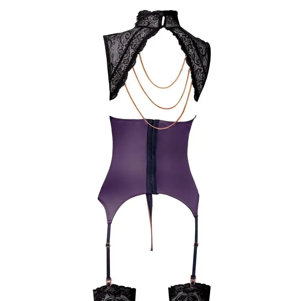 Abierta Fina Stretchy Purple Basque and Crotchless Set Chains