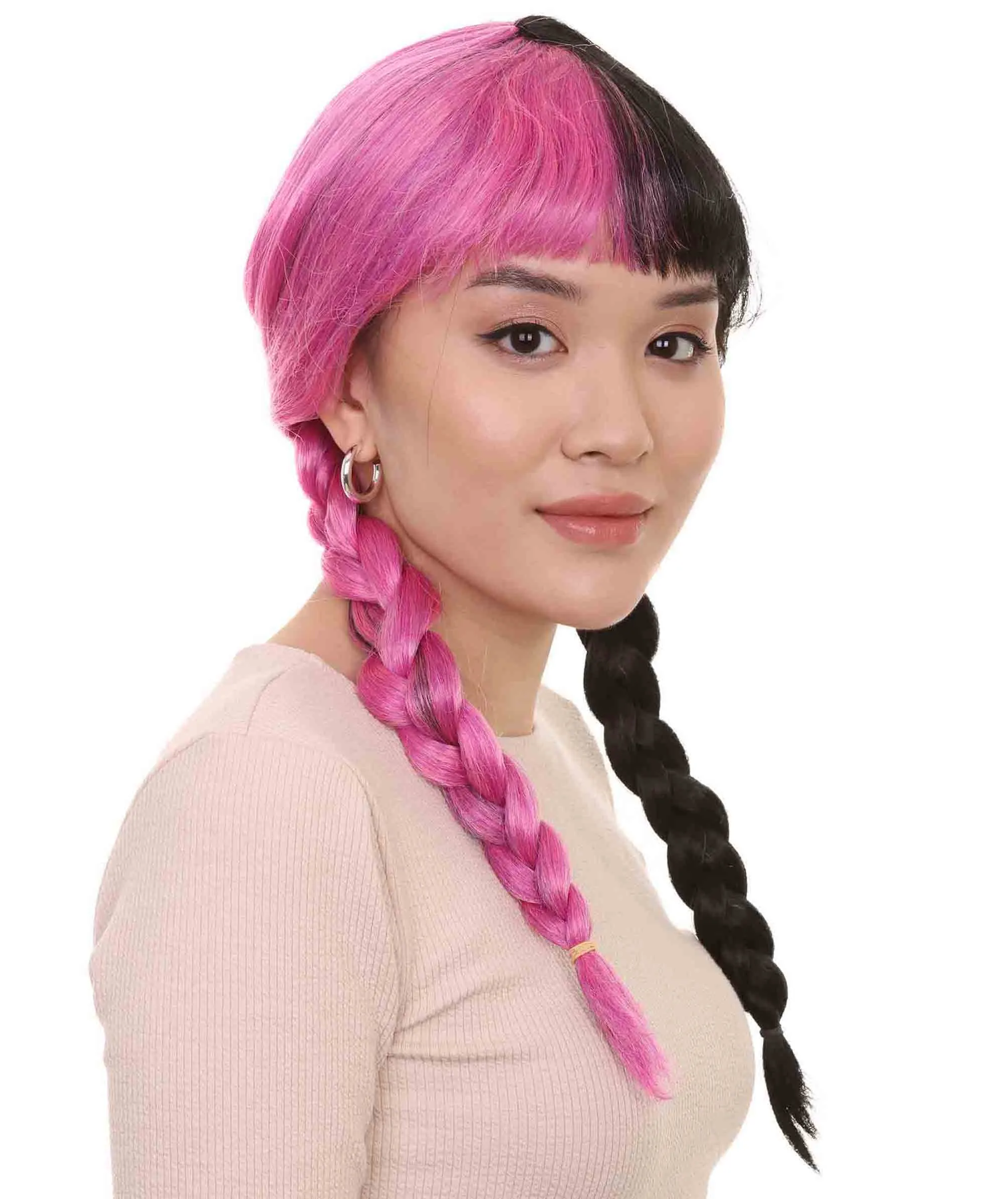 Adult Womens Double Braid Wig |  Pink & Black Celebrity Wig | Premium Breathable Capless Cap