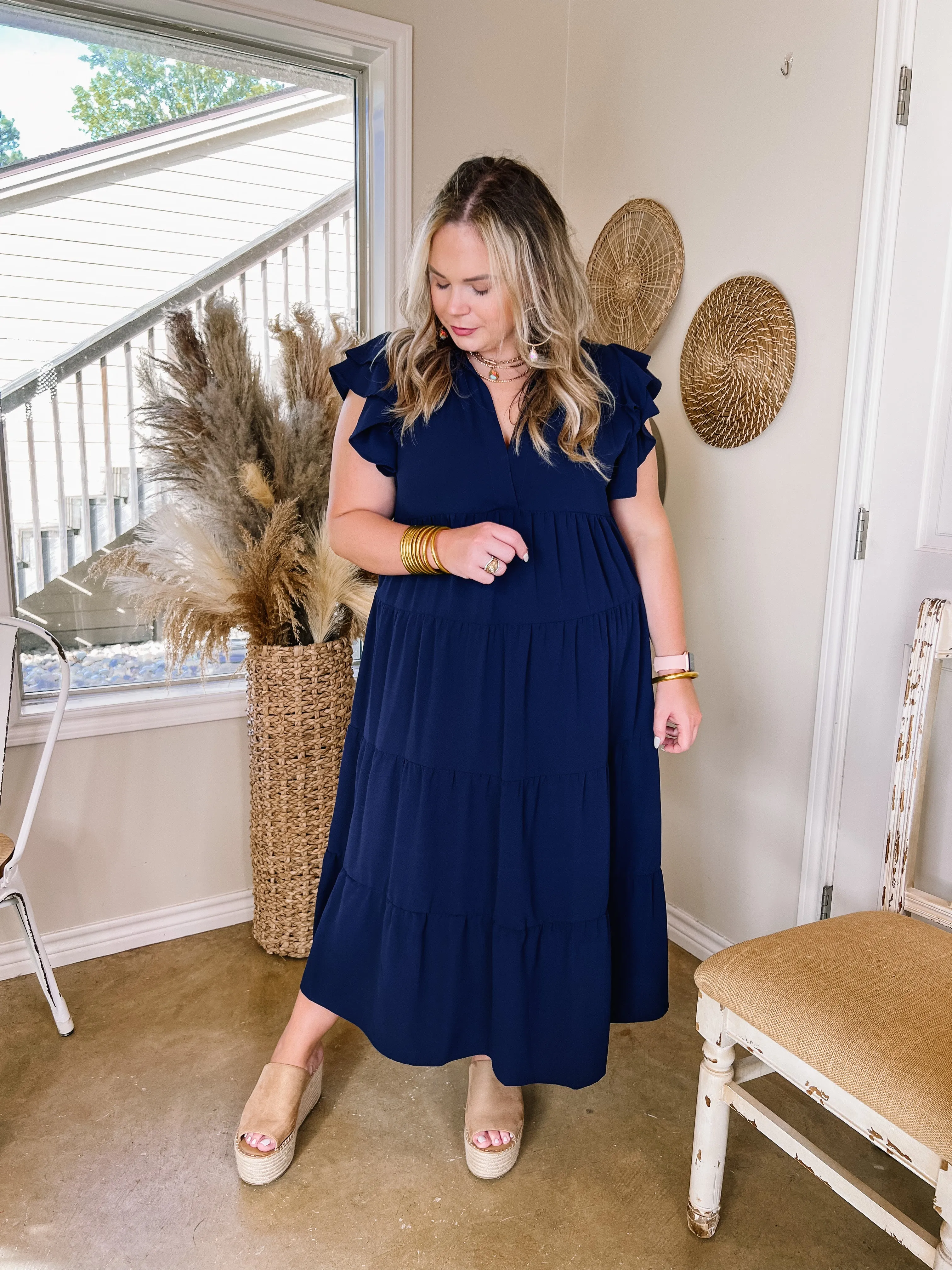 All Of A Sudden Tiered Midi Dress with Ruffle Cap Sleeves in Navy Blue