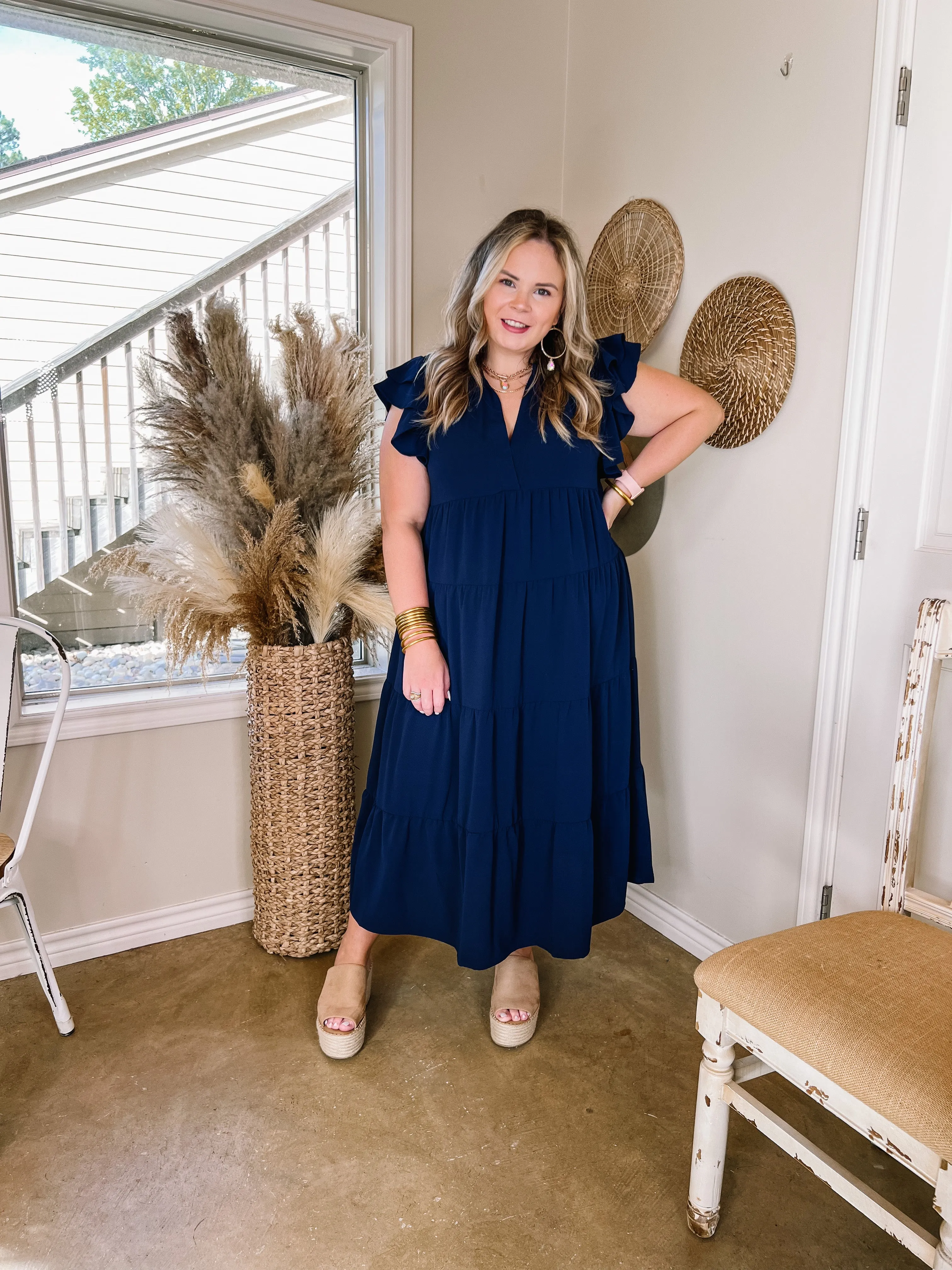 All Of A Sudden Tiered Midi Dress with Ruffle Cap Sleeves in Navy Blue