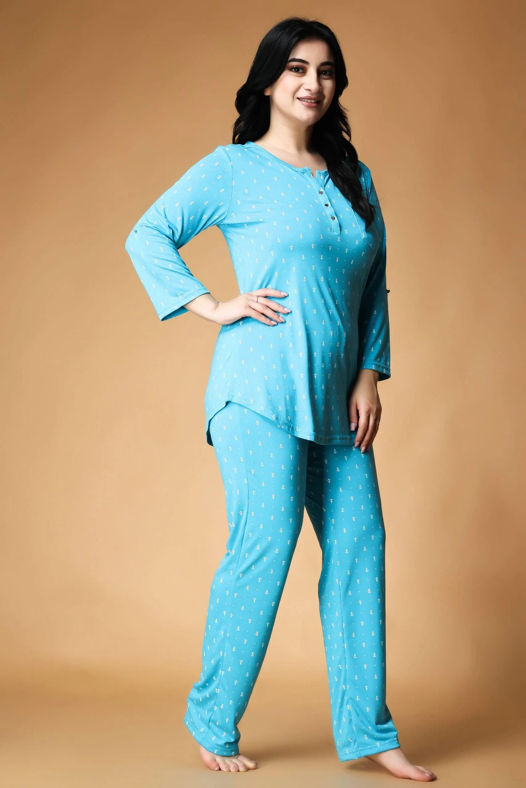 Anchor All Over Printed Night Suit Set with Long Sleeves-Blue