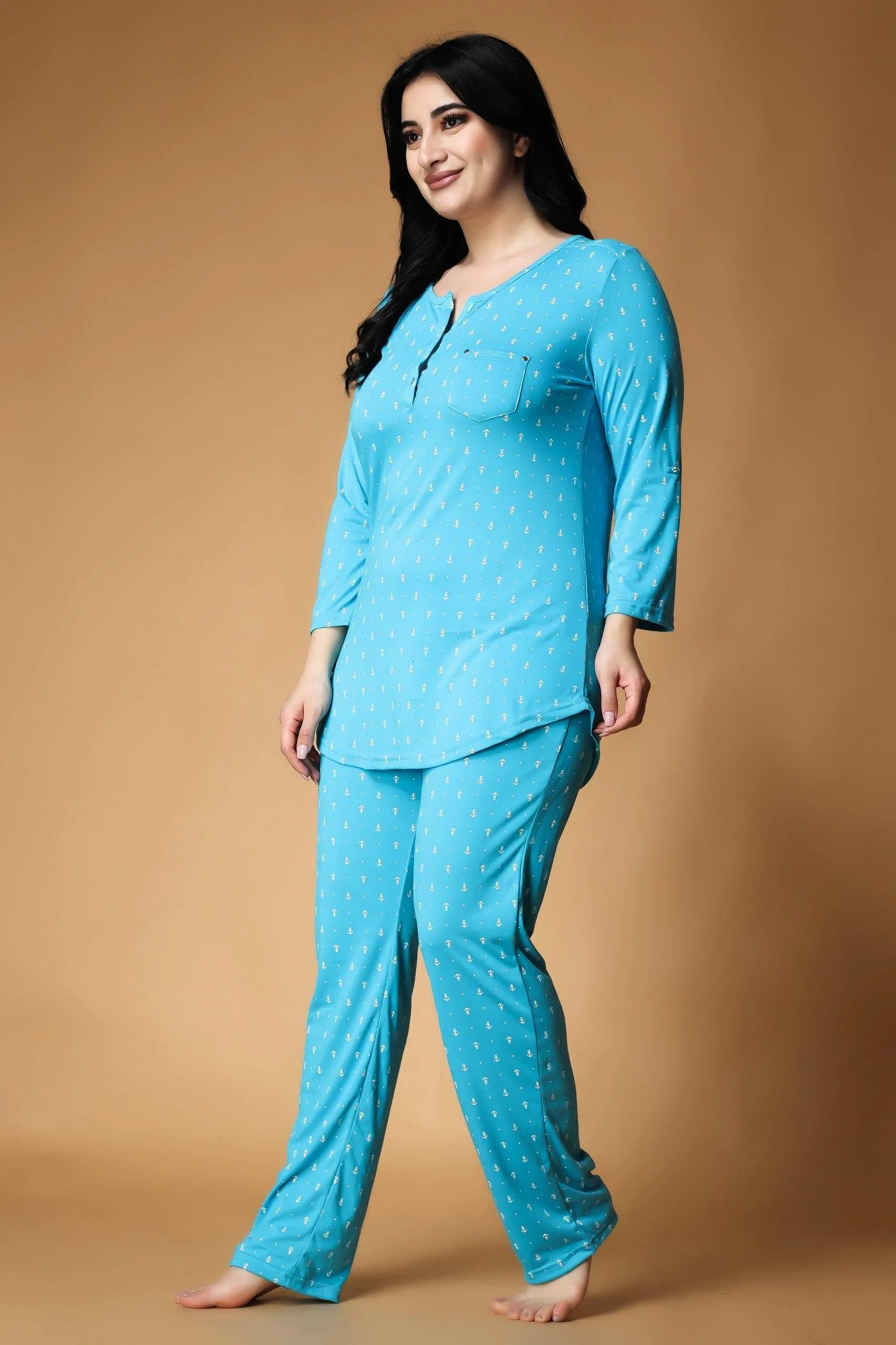 Anchor All Over Printed Night Suit Set with Long Sleeves-Blue