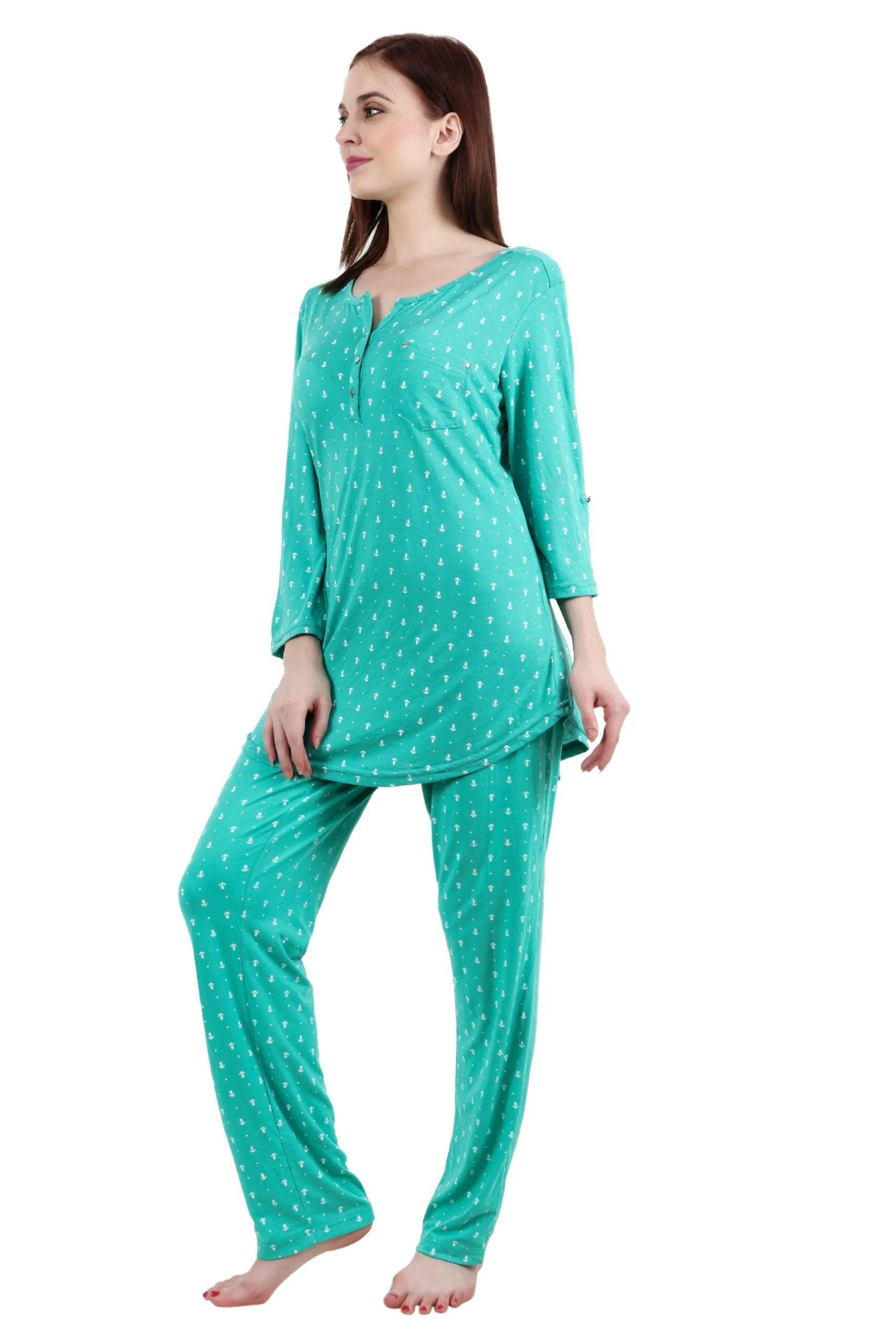 Anchor All Over Printed Night Suit Set with Long Sleeves-Green