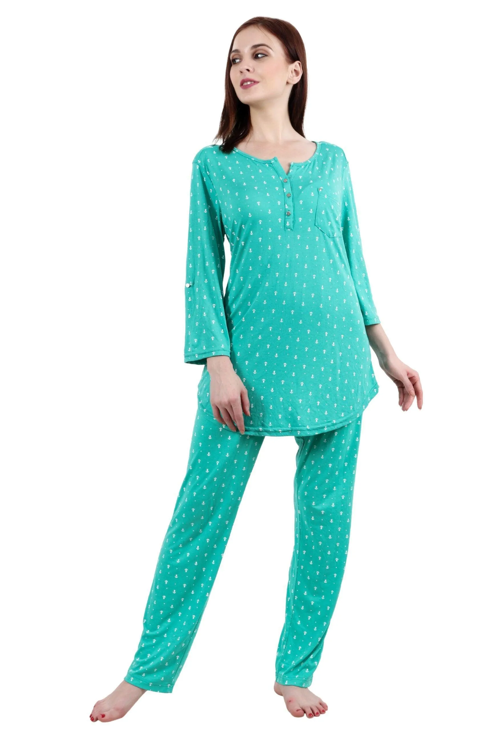 Anchor All Over Printed Night Suit Set with Long Sleeves-Green