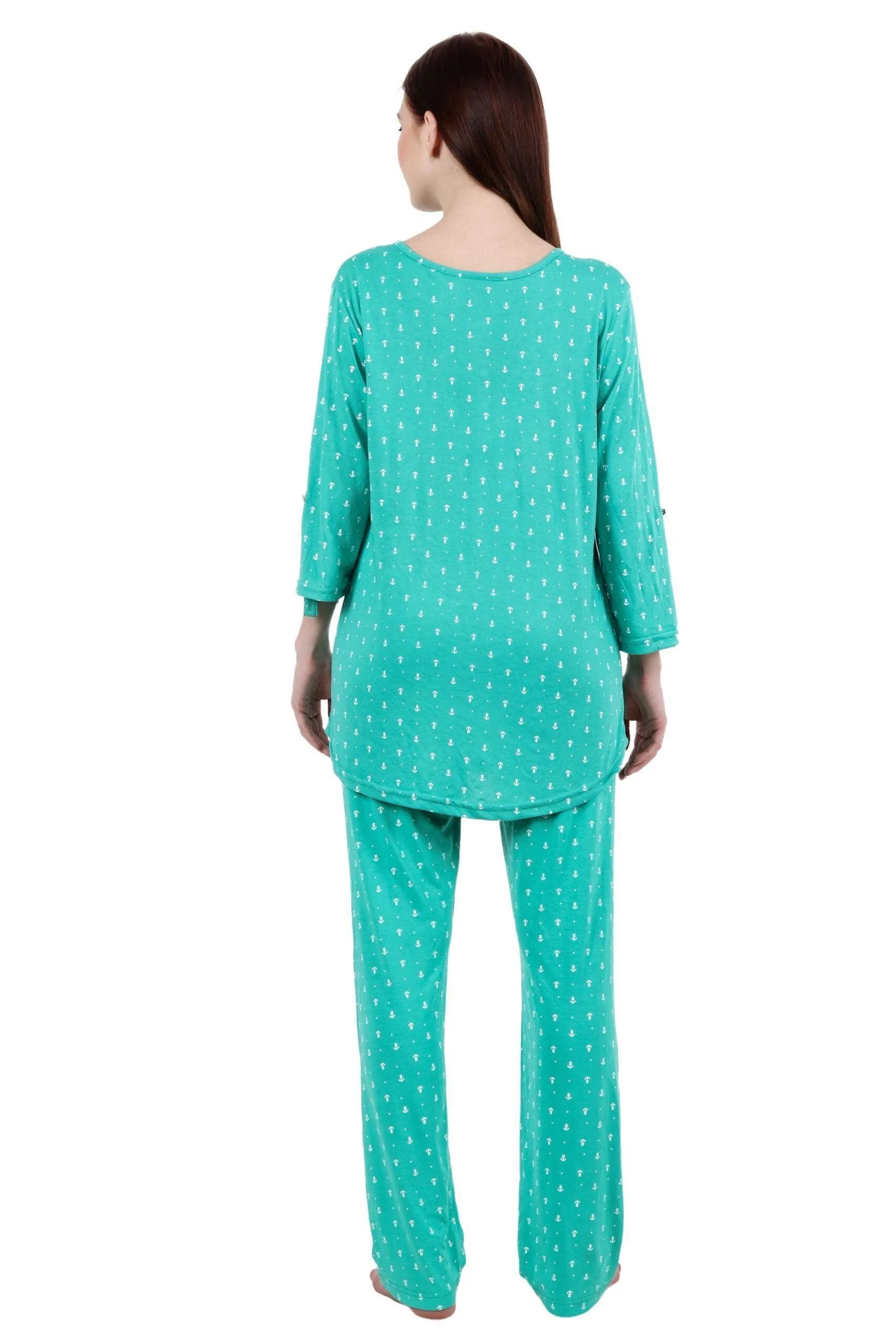 Anchor All Over Printed Night Suit Set with Long Sleeves-Green