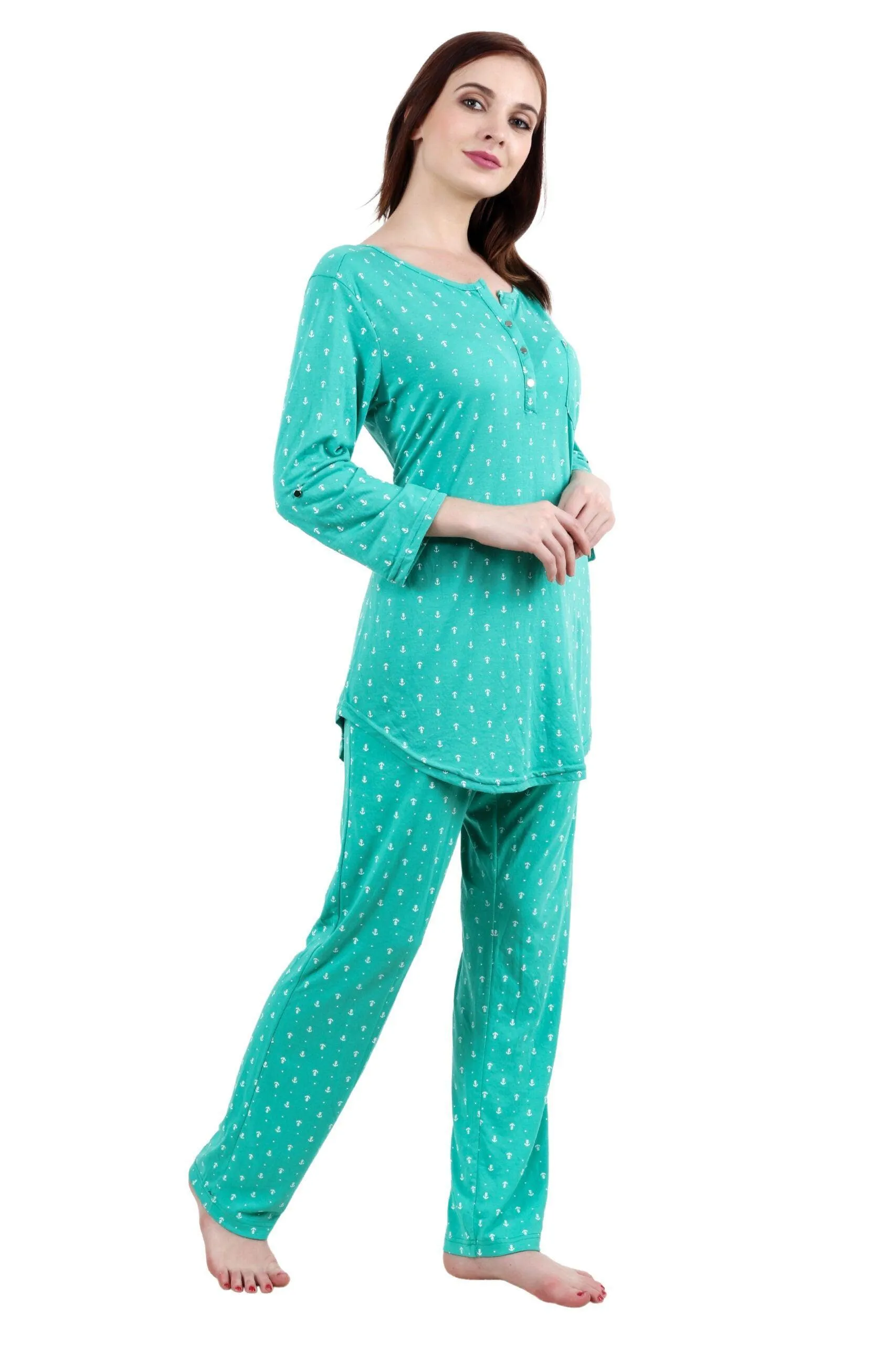 Anchor All Over Printed Night Suit Set with Long Sleeves-Green