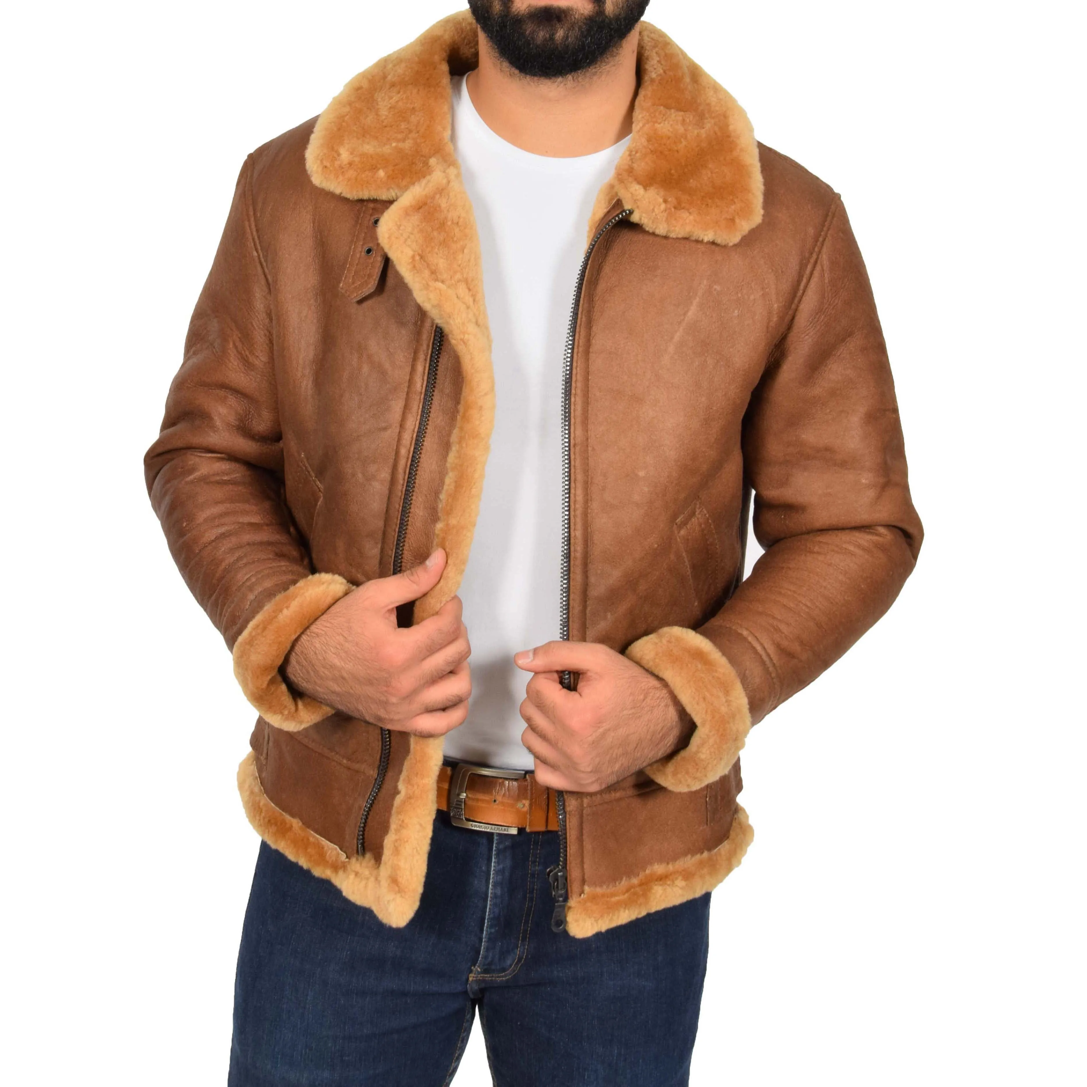 Authentic Aviator Coat Real Sheepskin Vintage Tan Bomber Jacket Tornado