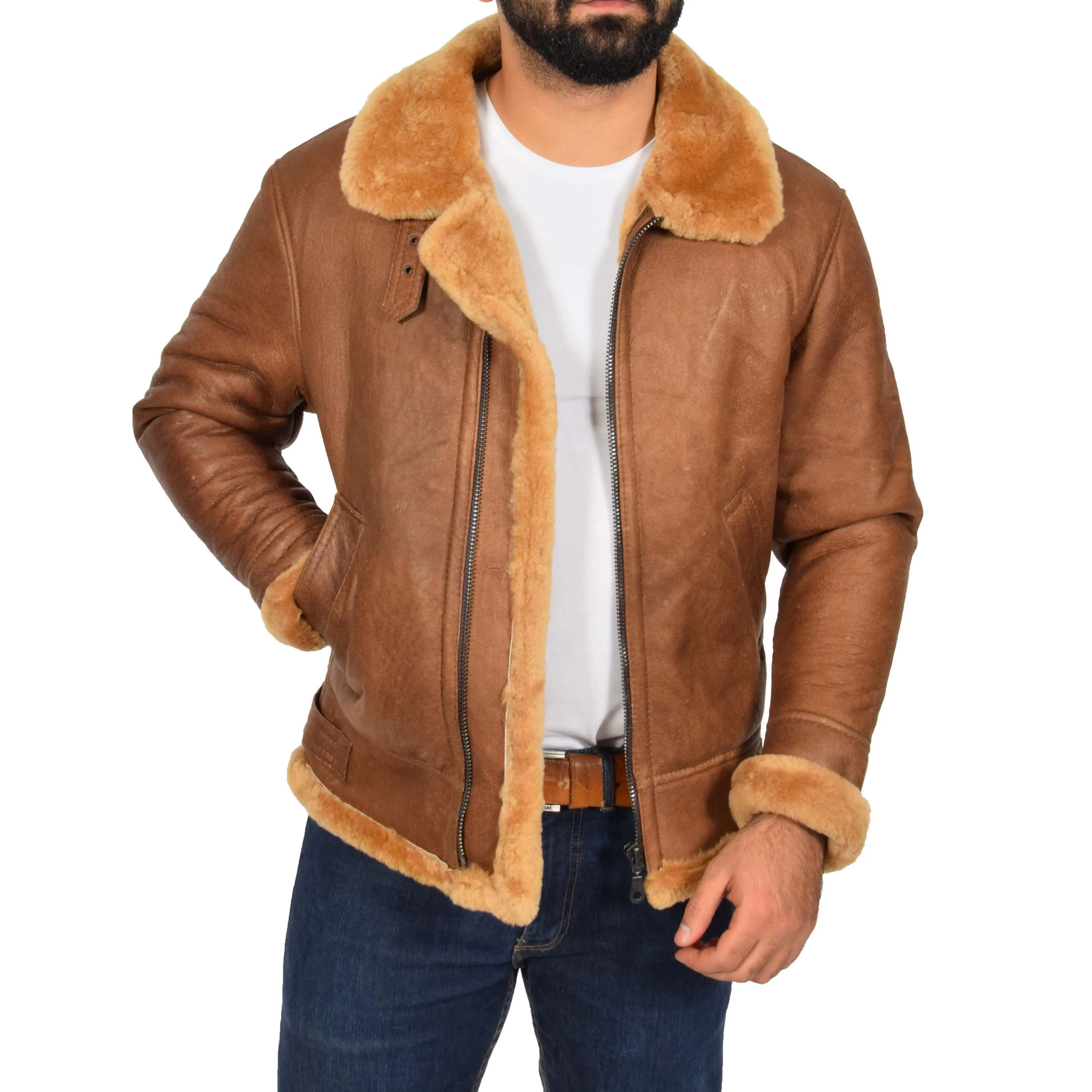 Authentic Aviator Coat Real Sheepskin Vintage Tan Bomber Jacket Tornado