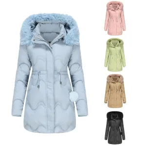 Autumn Winter Fur Collar cotton padded long winter jacket for women