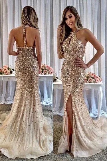 Beaded Prom Dress with Slit, Prom Dresses, Evening Dress, Dance Dress, Graduation School Party Gown, PC0360