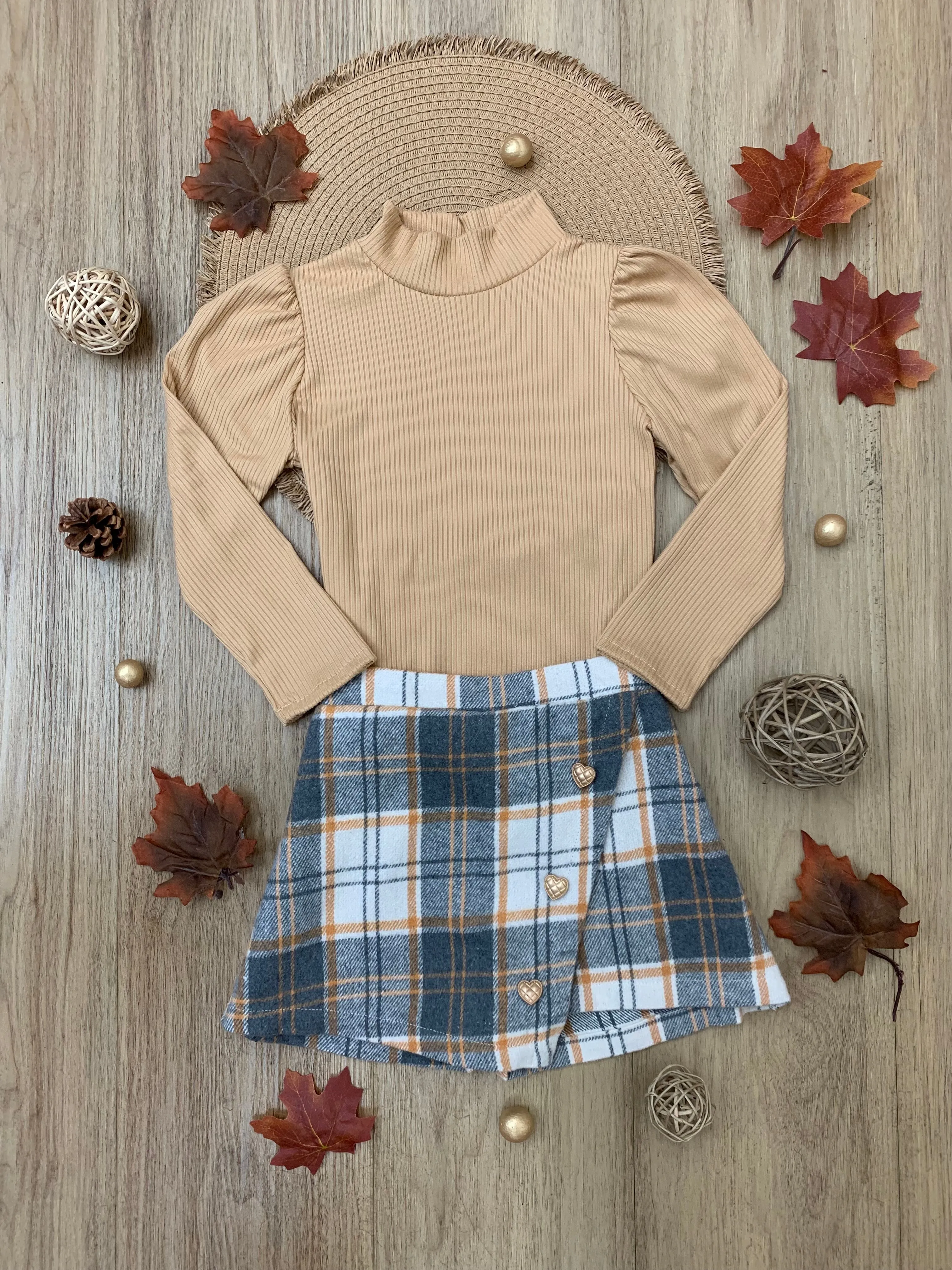 Beige Turtleneck Top and Plaid Skort Set