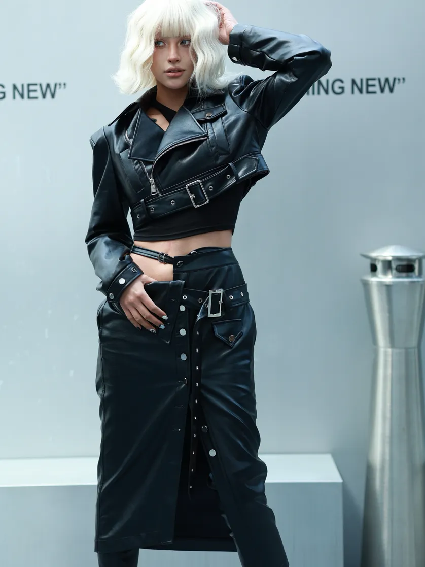 Belt Asymmetry Leather Cool Long-Skirt