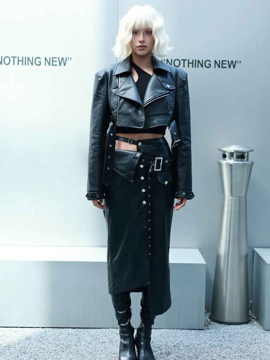 Belt Asymmetry Leather Cool Long-Skirt