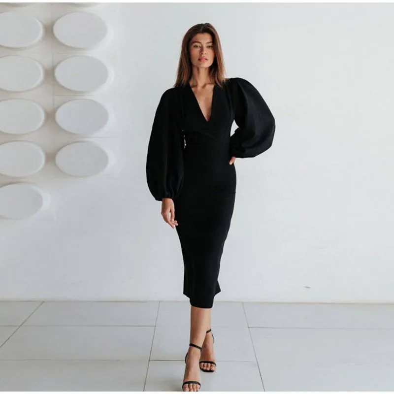 BerryBetty - Audrey V Neck Long Sleeve Midi Dress