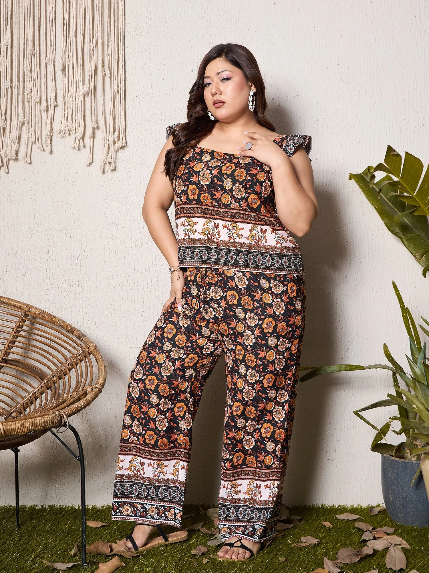 Berrylush Curve Women Black & Orange Floral Printed Square Neck Ruffled Regular Top & Elastic Waist Maxi Trousers Co-Ord Set