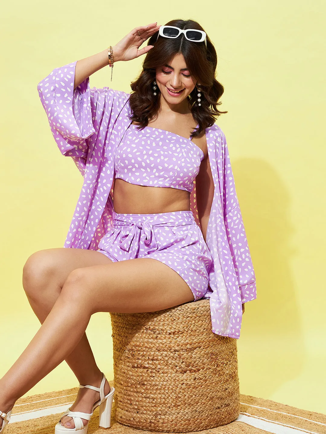 Berrylush Women Purple & White Abstract Polka Dot Printed Square Neck Crop Top & Tie-Up Front Mini Shorts With Shrug