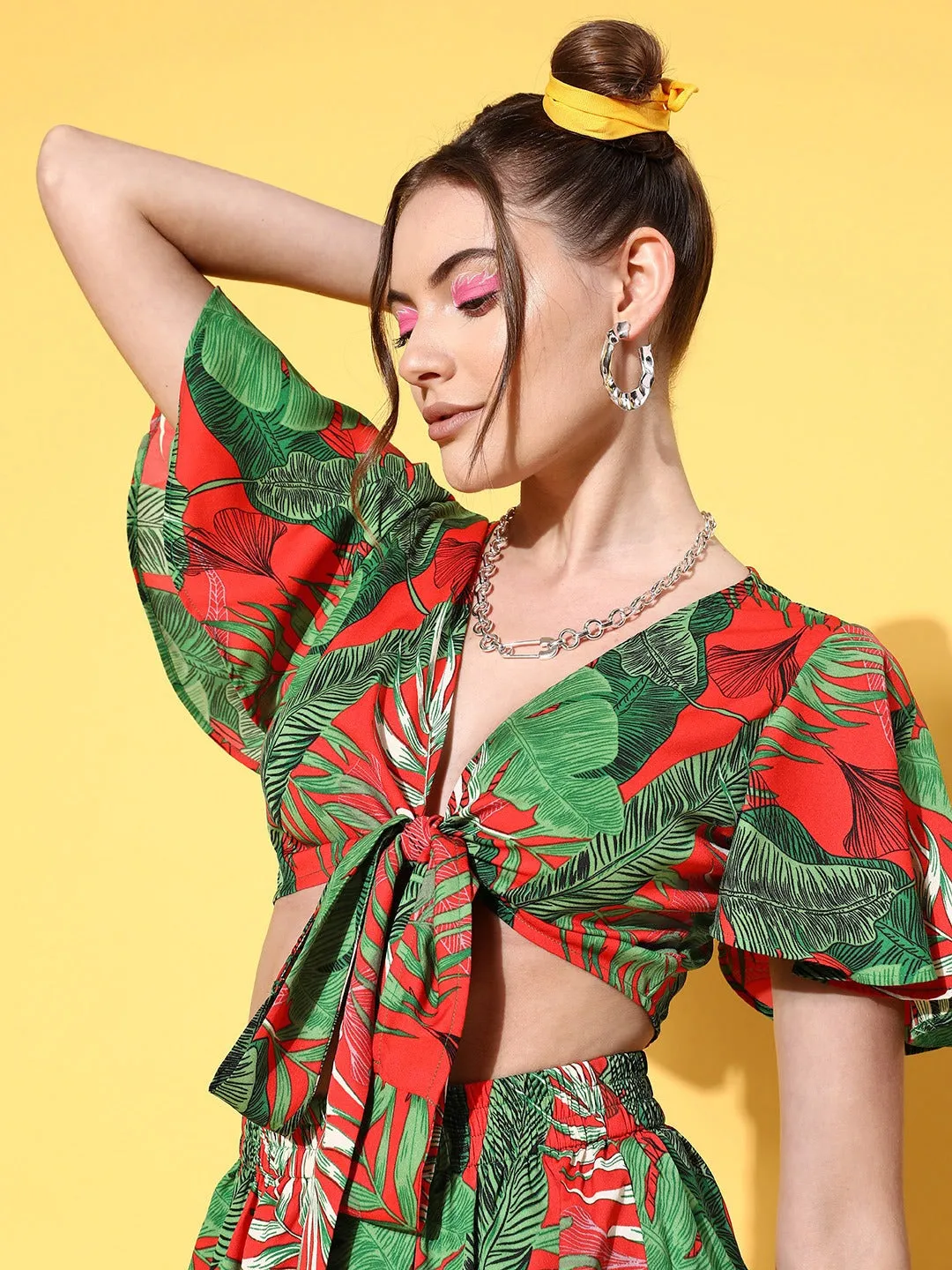 Berrylush Women Red & Green Tropical Printed V-Neck Front Tie-Up Crop Top & Mini Shorts Co-Ord Set