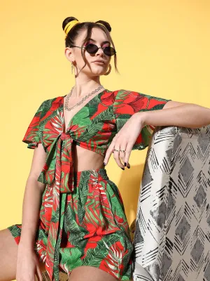 Berrylush Women Red & Green Tropical Printed V-Neck Front Tie-Up Crop Top & Mini Shorts Co-Ord Set