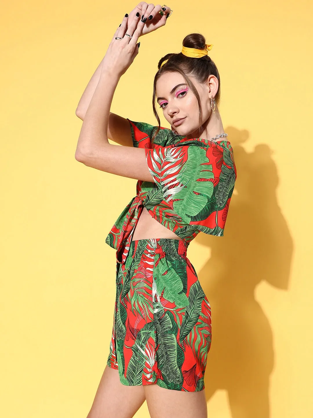 Berrylush Women Red & Green Tropical Printed V-Neck Front Tie-Up Crop Top & Mini Shorts Co-Ord Set