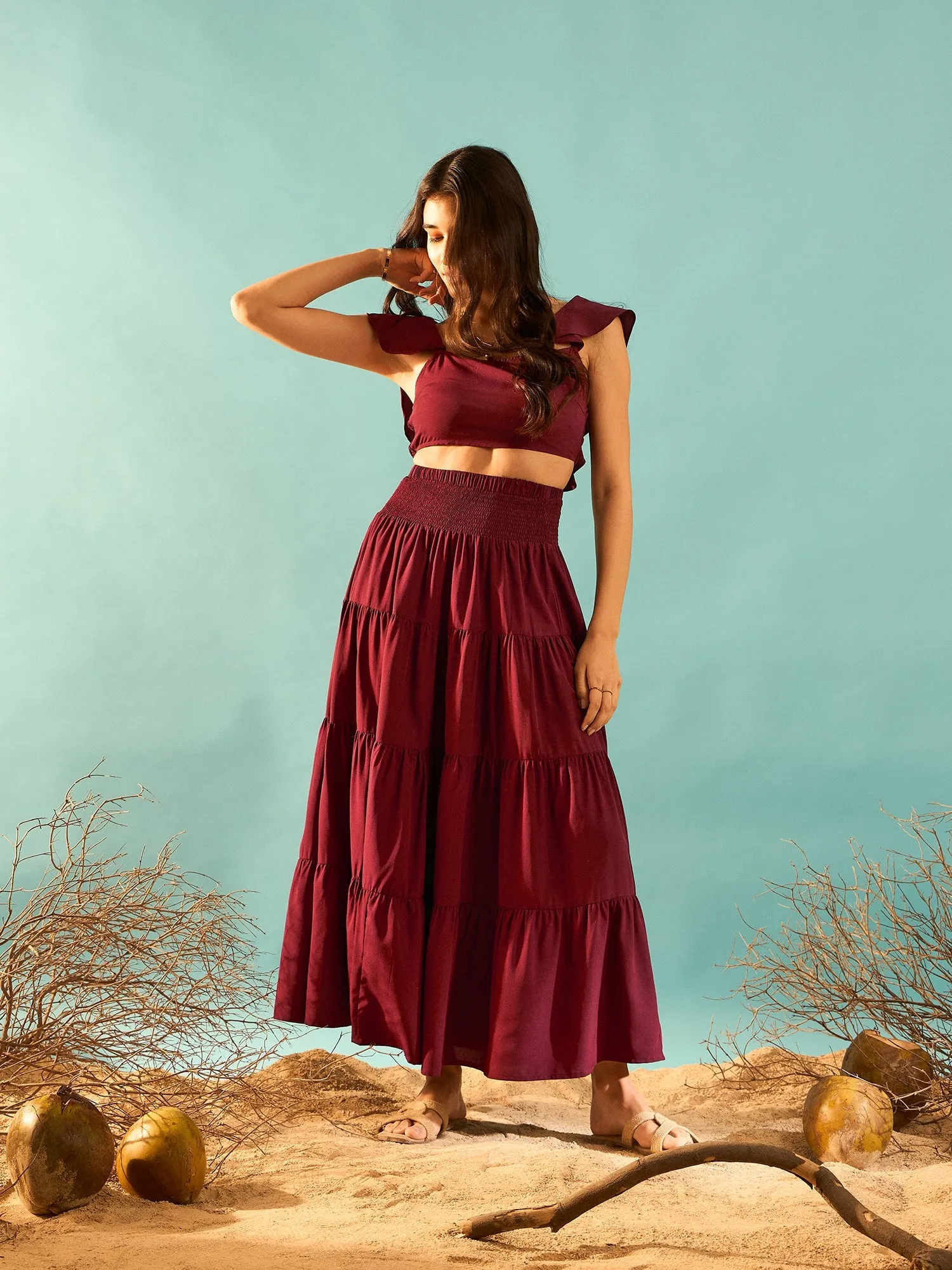 Berrylush Women Solid Maroon Square Neckline Cap Sleeves Cropped Top & Smocked Maxi Skirt Co-Ord Set