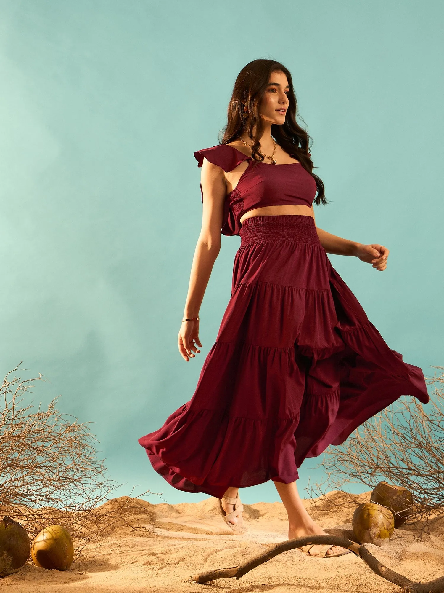 Berrylush Women Solid Maroon Square Neckline Cap Sleeves Cropped Top & Smocked Maxi Skirt Co-Ord Set