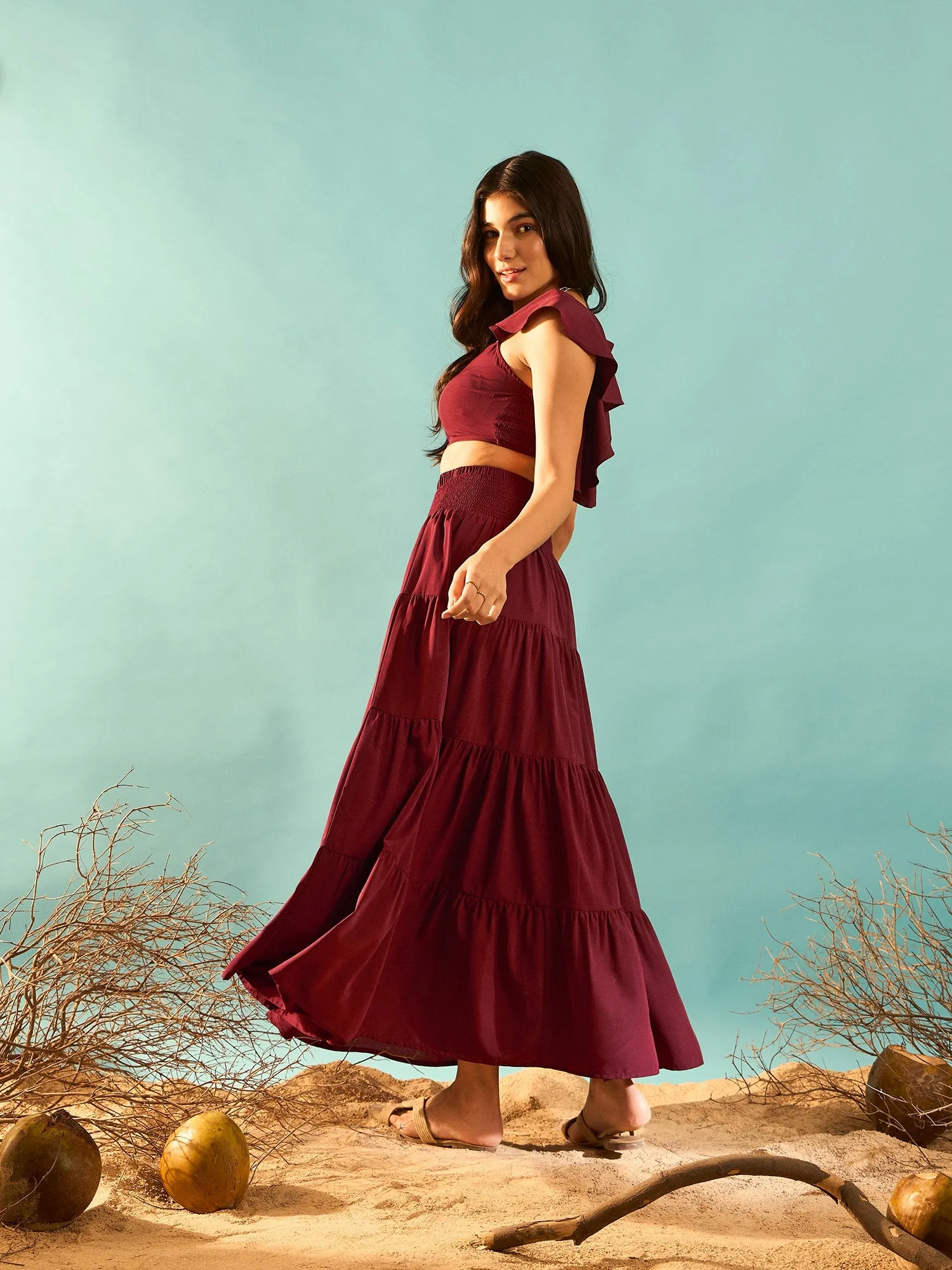 Berrylush Women Solid Maroon Square Neckline Cap Sleeves Cropped Top & Smocked Maxi Skirt Co-Ord Set