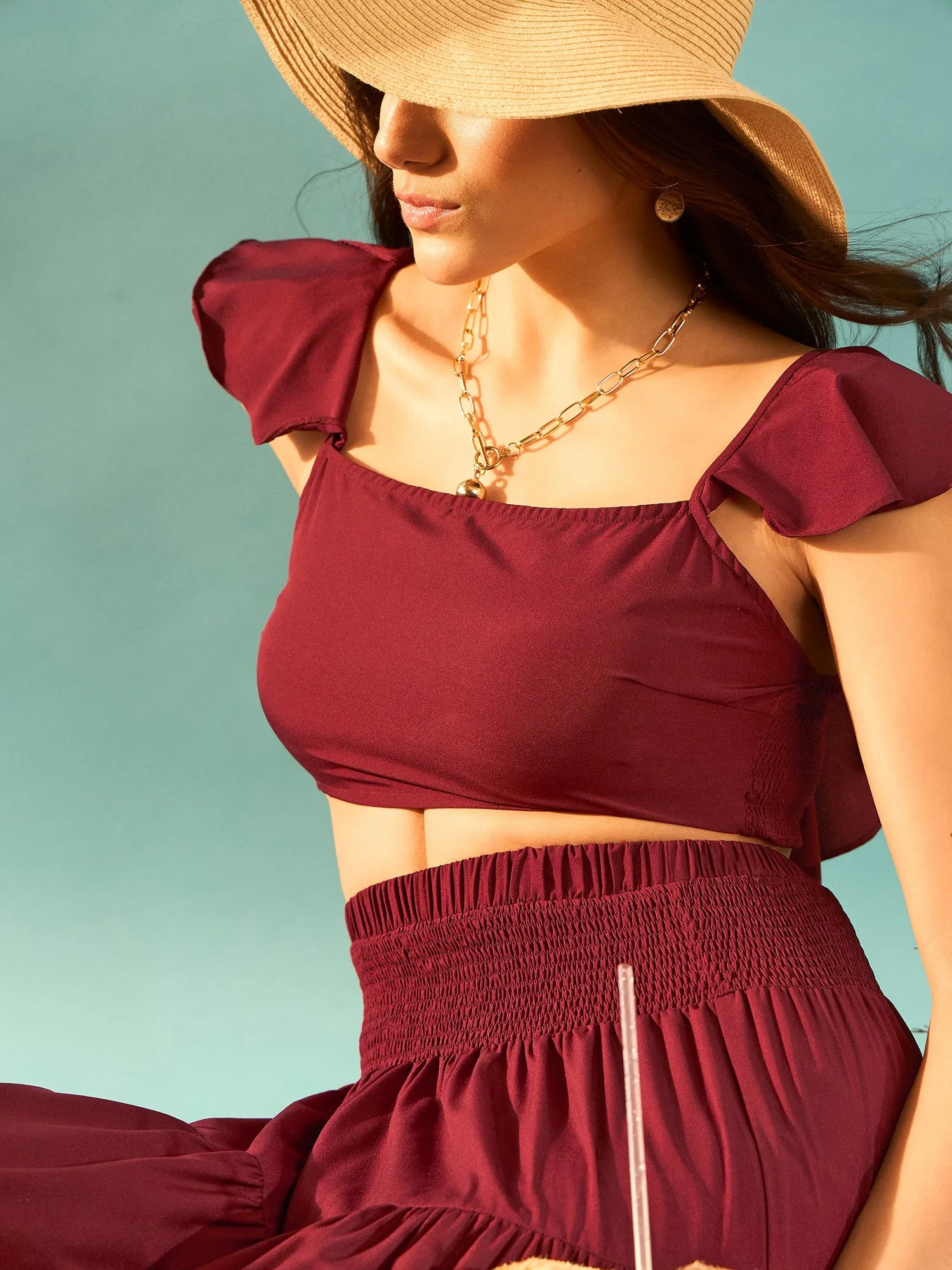 Berrylush Women Solid Maroon Square Neckline Cap Sleeves Cropped Top & Smocked Maxi Skirt Co-Ord Set