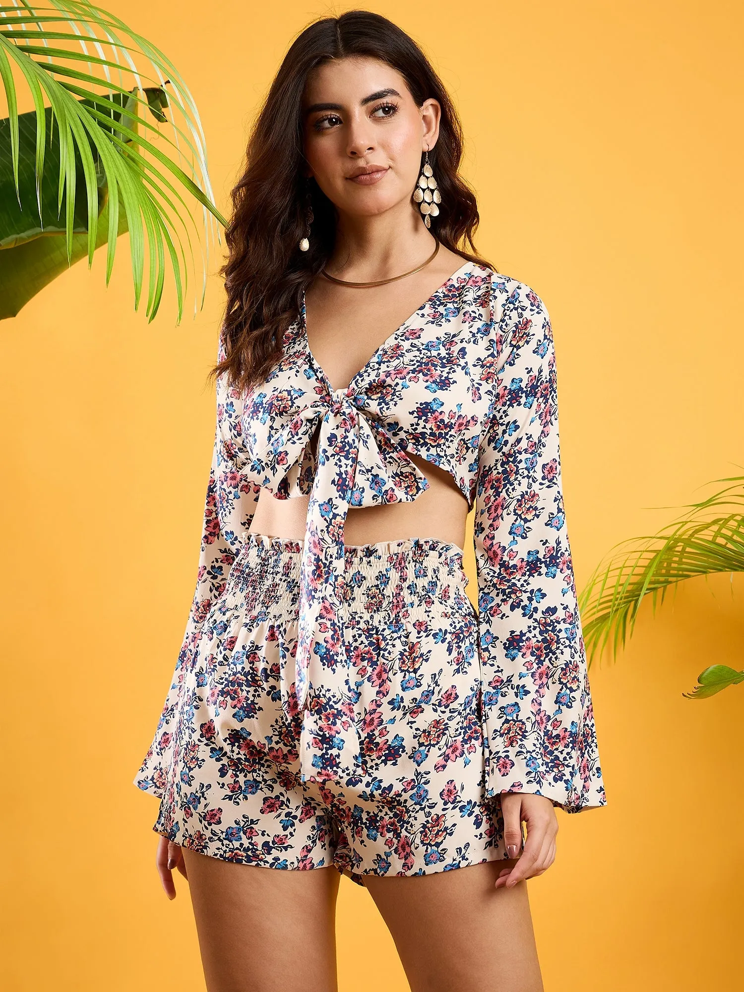 Berrylush Women White, Blue, & Pink Floral Printed V-Neck Front Tie-Up Crop Top & Slip-On Smocked Mini Shorts Co-Ord Set