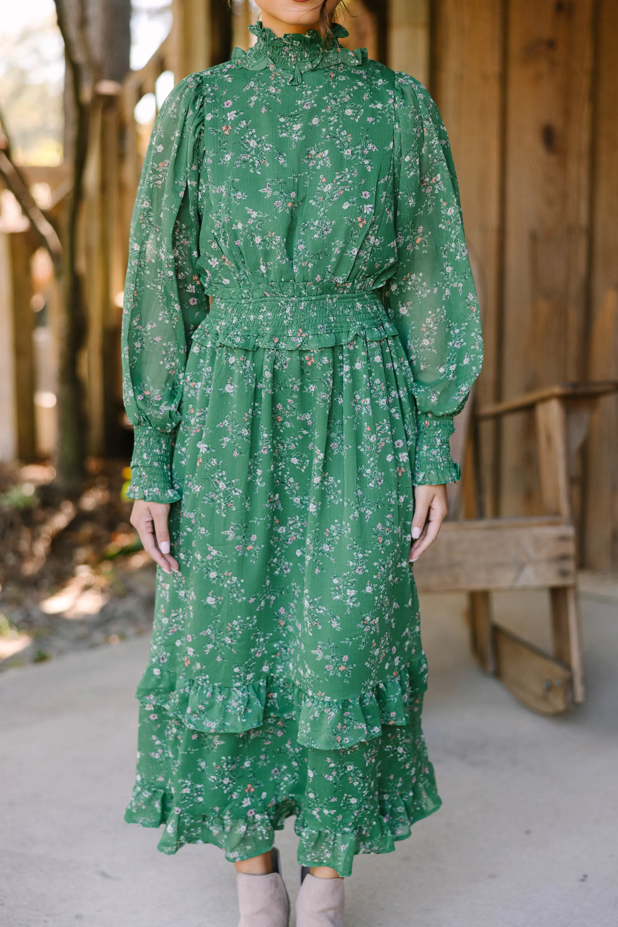 Best Regards Green Ditsy Floral Midi Dress