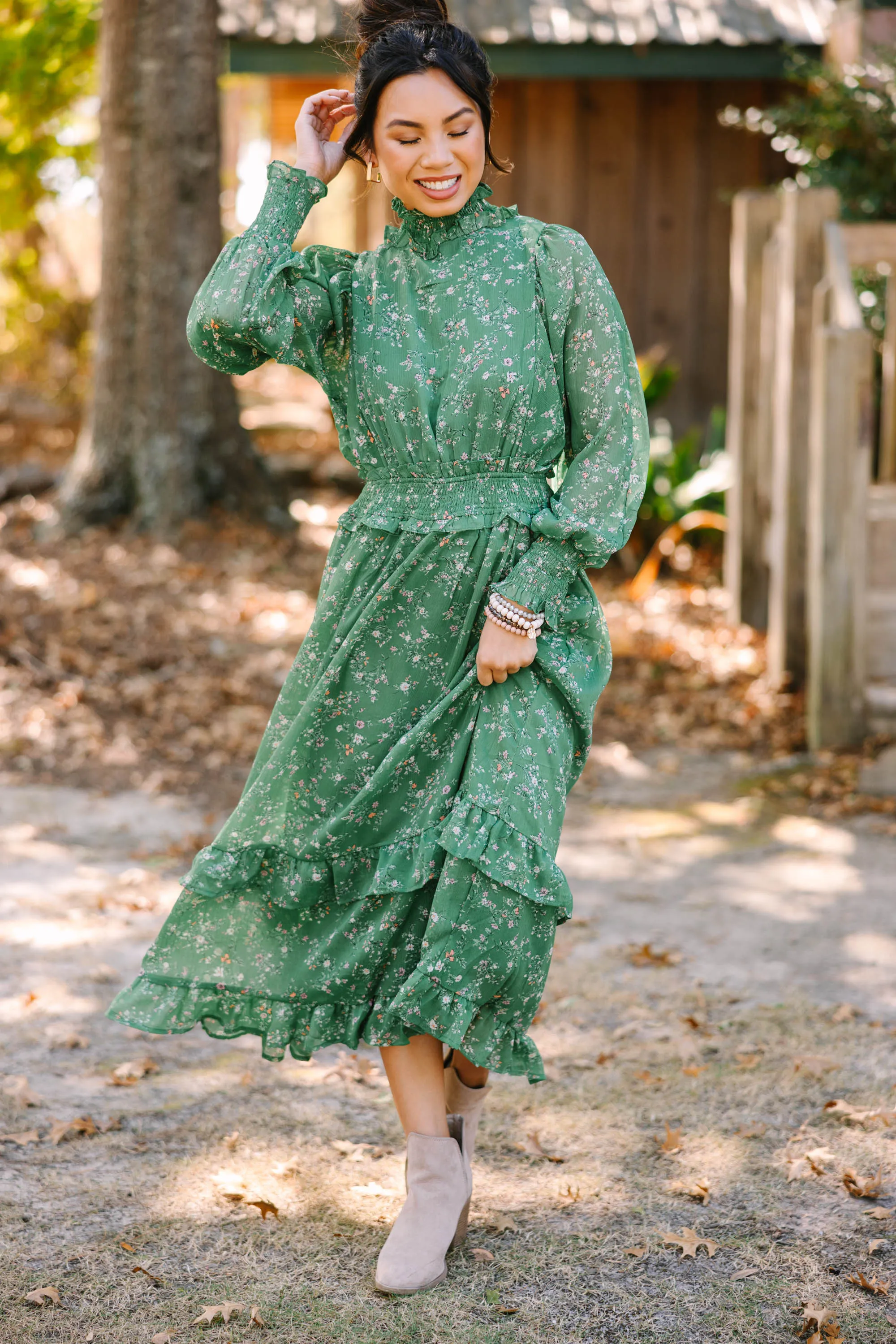 Best Regards Green Ditsy Floral Midi Dress