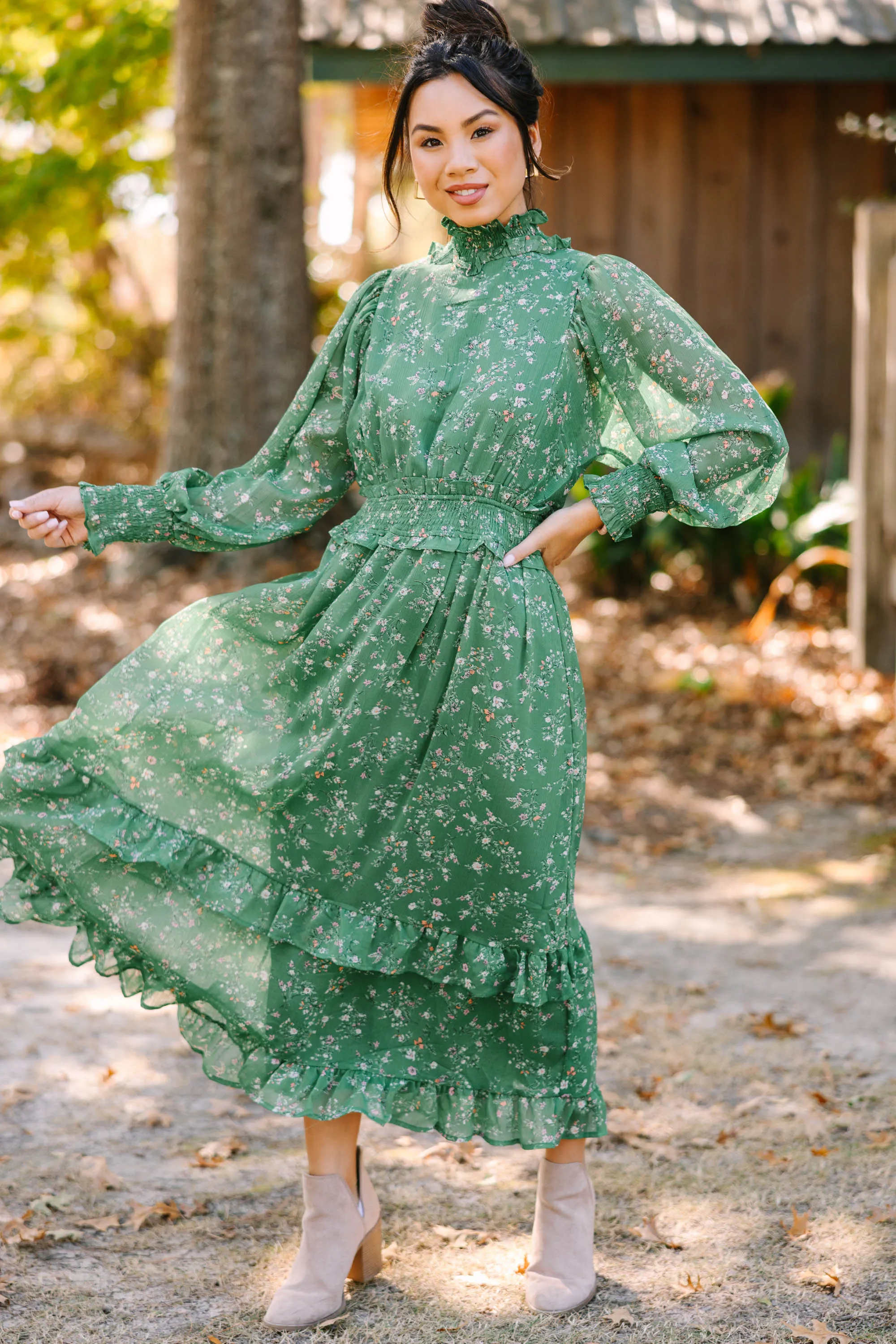 Best Regards Green Ditsy Floral Midi Dress