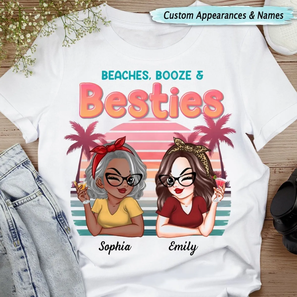 Besties - Beaches Booze And Besties - Personalized Unisex T-shirt, Sweater, Hoodie