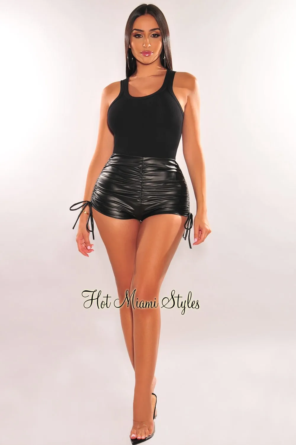 Black Faux Leather Scrunch Butt Ruched Shorts