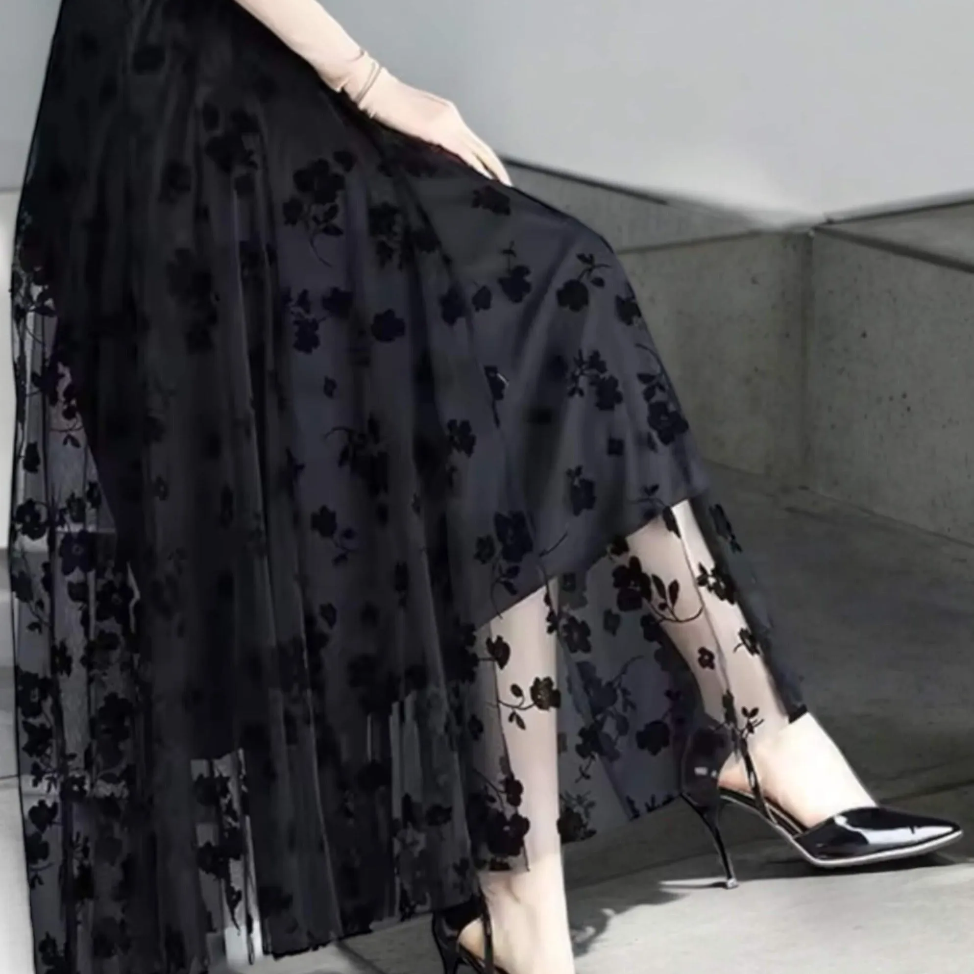 Black Floral Mesh Midi Skirt