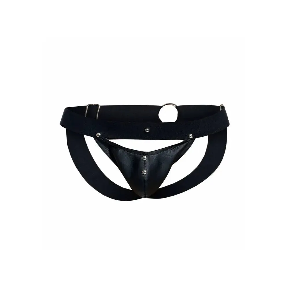 Black Leather Male Peekaboo Jockstrap one Size with Studs